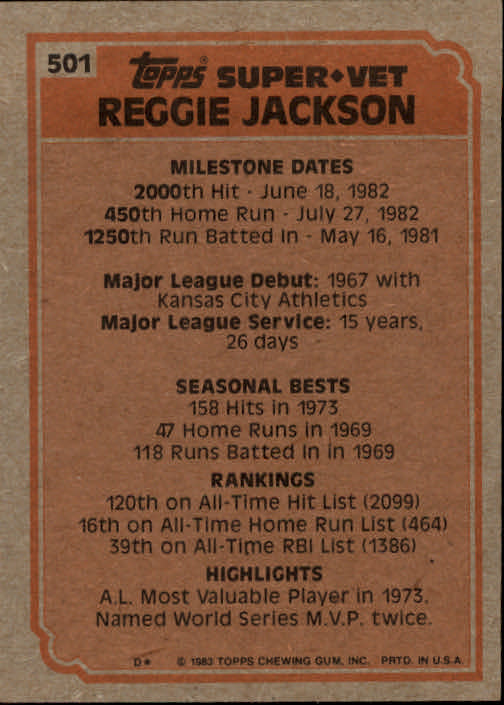 1983 Topps #501 Reggie Jackson SV back image