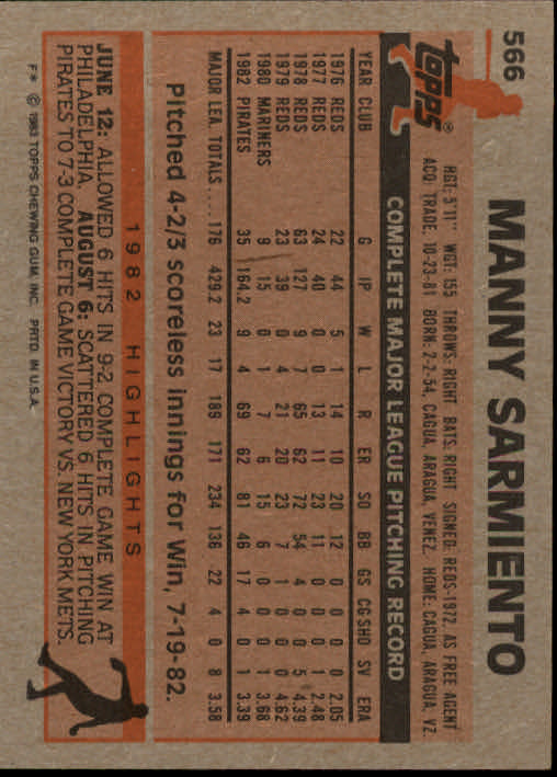1983 Topps #566 Manny Sarmiento back image