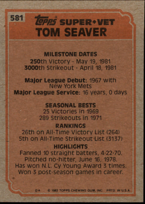 1983 Topps #581 Tom Seaver SV back image