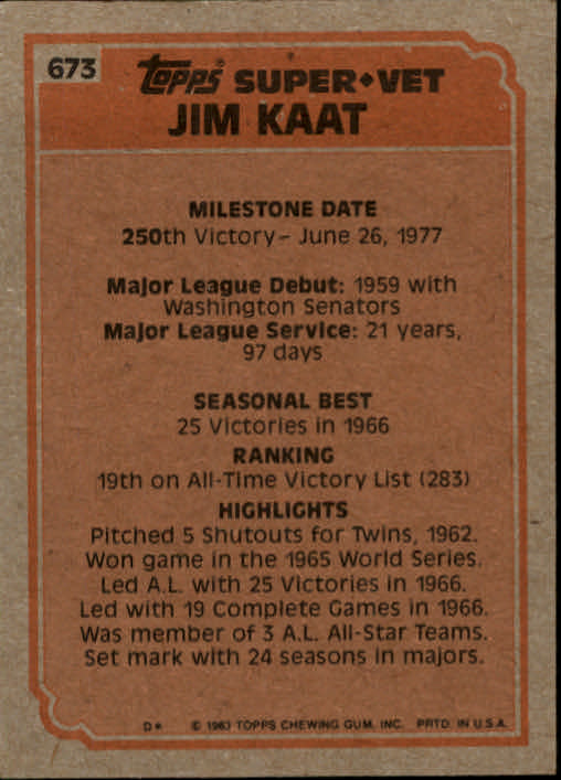 1983 Topps #673 Jim Kaat SV back image