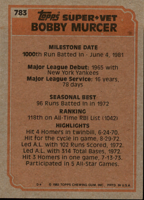 1983 Topps #783 Bobby Murcer SV back image