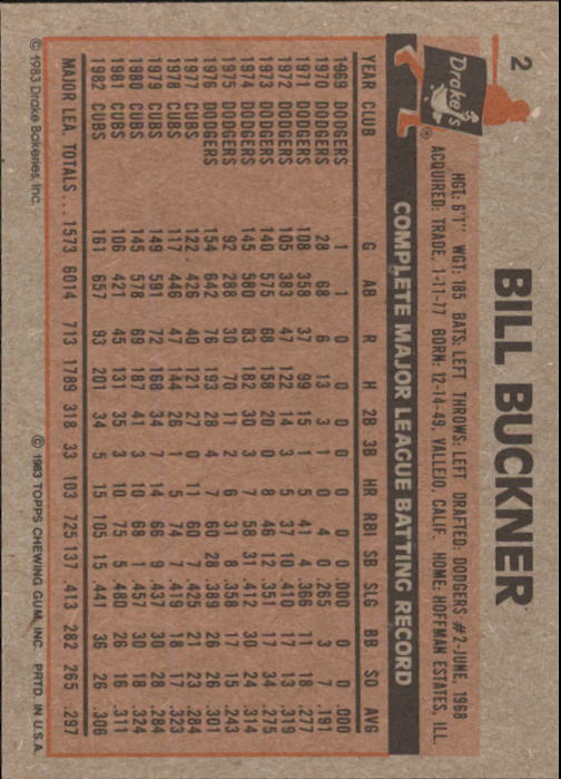 1983 Drake's #2 Bill Buckner back image
