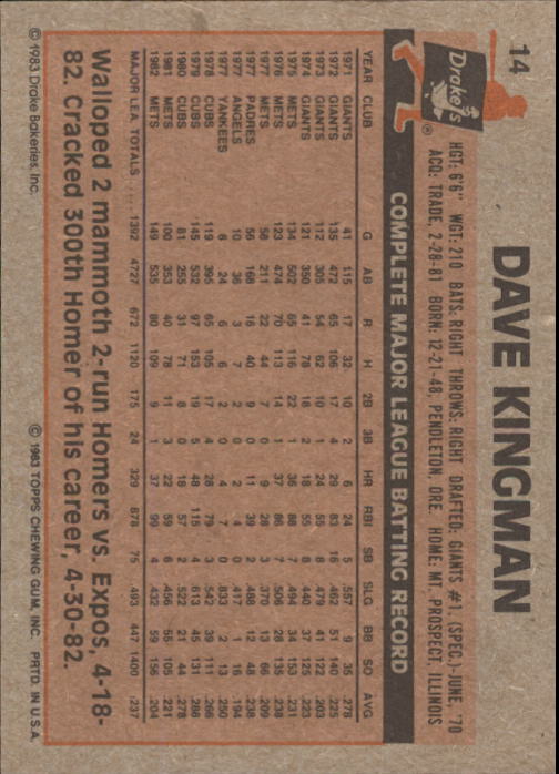 1983 Drake's #14 Dave Kingman back image