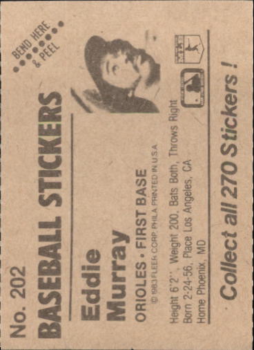 1983 Fleer Stickers #202 Eddie Murray back image