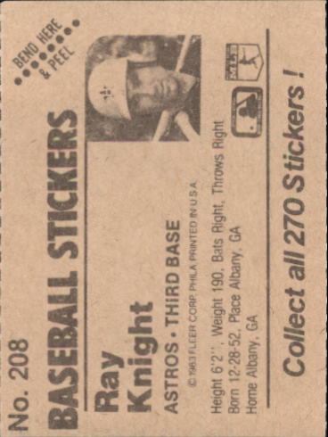 1983 Fleer Stickers #208 Ray Knight back image