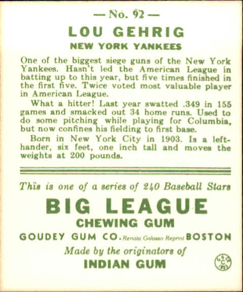 1983 Galasso '33 Goudey Reprint #92 Lou Gehrig back image