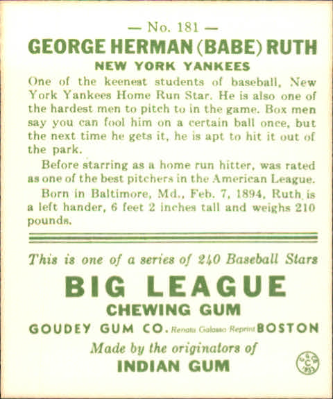 1983 Galasso '33 Goudey Reprint #181 Babe Ruth back image