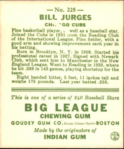 1983 Galasso '33 Goudey Reprint #225 Bill Jurges