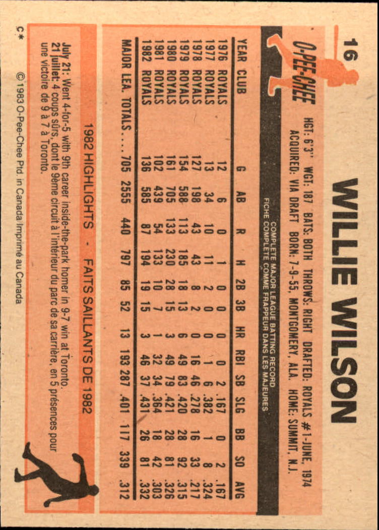 1983 O-Pee-Chee #16 Willie Wilson back image