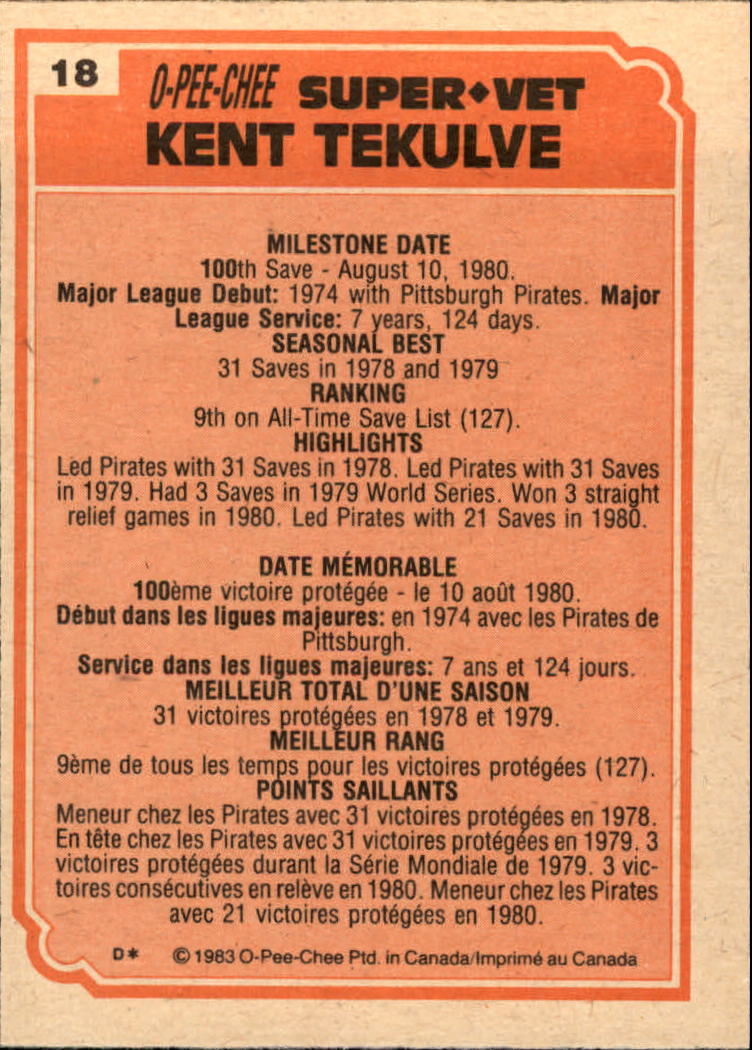 1983 O-Pee-Chee #18 Kent Tekulve SV back image