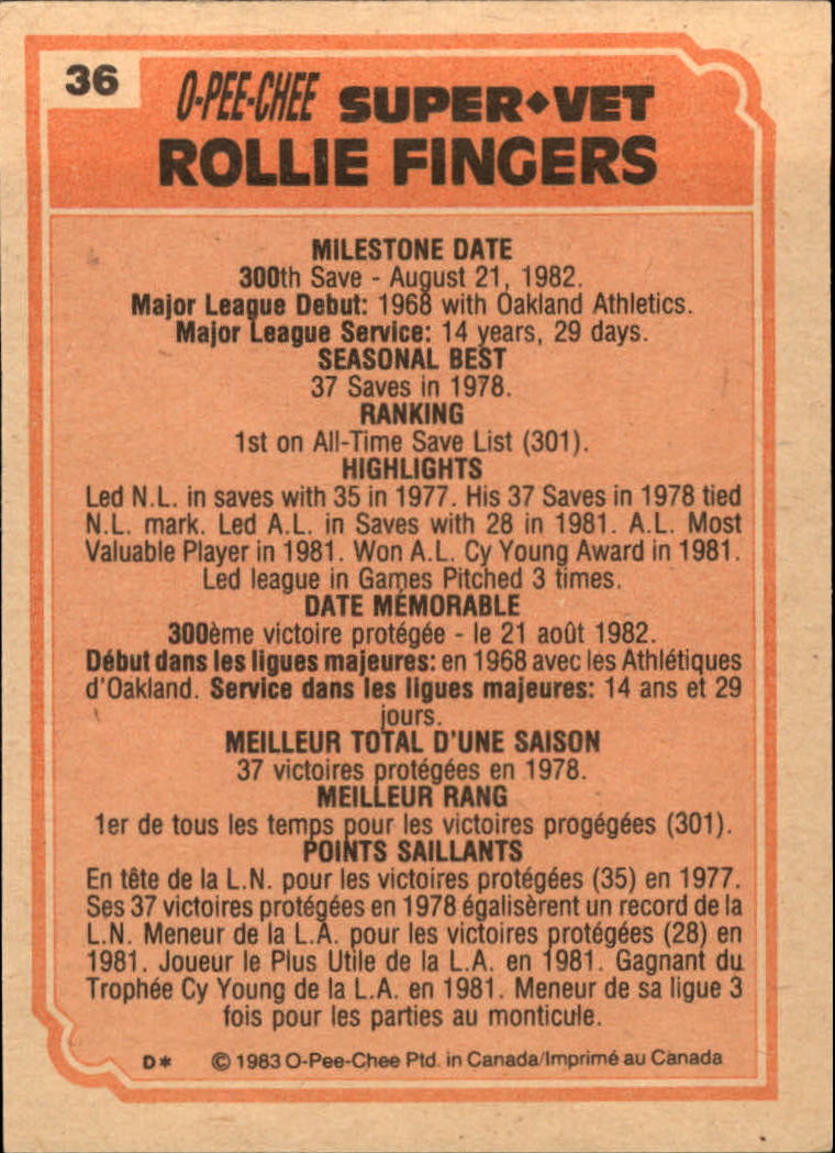 1983 O-Pee-Chee #36 Rollie Fingers SV back image