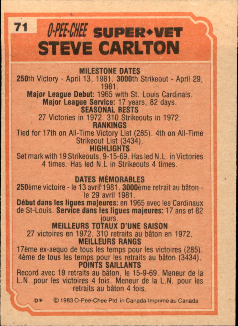 1983 O-Pee-Chee #71 Steve Carlton SV back image