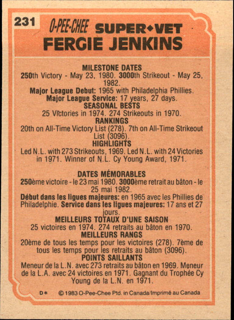 1983 O-Pee-Chee #231 Fergie Jenkins SV back image