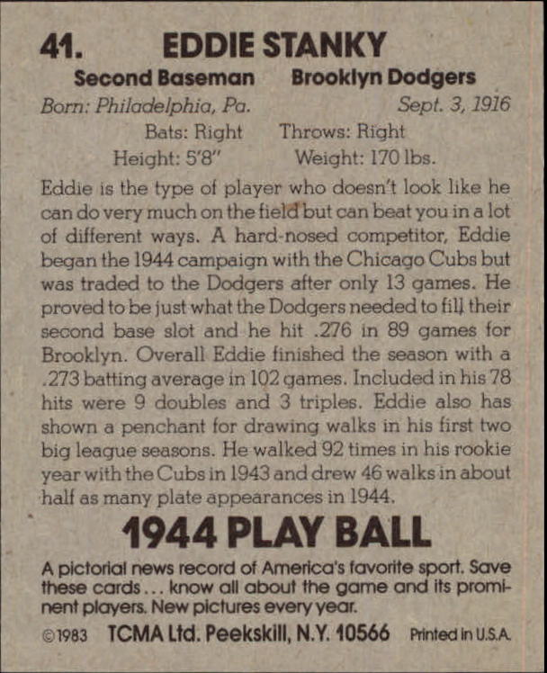 1983 TCMA Playball 1944 #41 Eddie Stanky back image