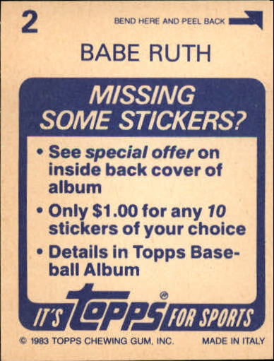 1983 Topps Stickers #2 Babe Ruth FOIL back image