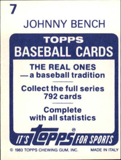 1983 Topps Stickers #7 Johnny Bench back image