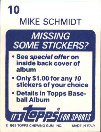 1983 Topps Stickers #10 Mike Schmidt back image