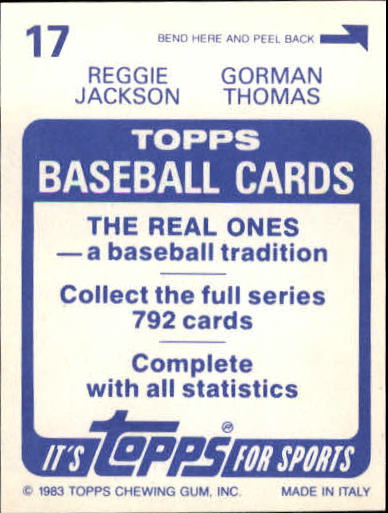 1983 Topps Stickers #17 Reggie Jackson and/Gorman Thomas back image