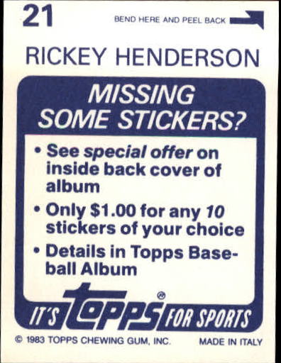 1983 Topps Stickers #21 Rickey Henderson back image