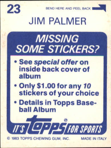 1983 Topps Stickers #23 Jim Palmer FOIL back image