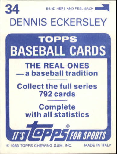 1983 Topps Stickers #34 Dennis Eckersley back image