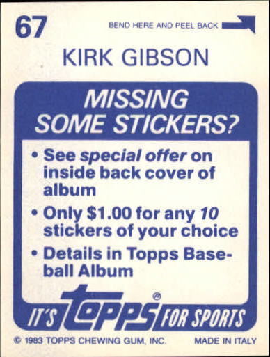 1983 Topps Stickers #67 Kirk Gibson back image
