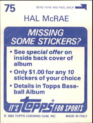 1983 Topps Stickers #75 Hal McRae back image
