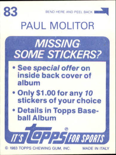 1983 Topps Stickers #83 Paul Molitor back image