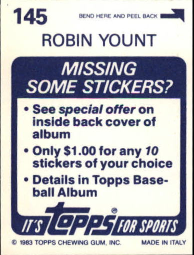 1983 Topps Stickers #145 Robin Yount RB back image