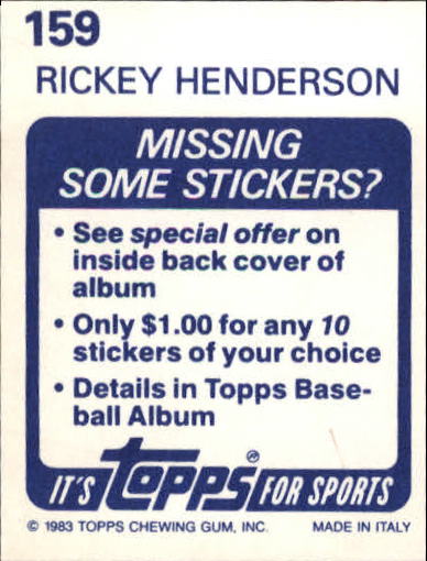 1983 Topps Stickers #159 Rickey Henderson back image