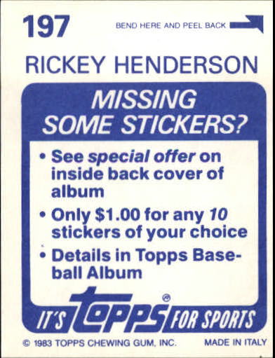 1983 Topps Stickers #197 Rickey Henderson RB back image