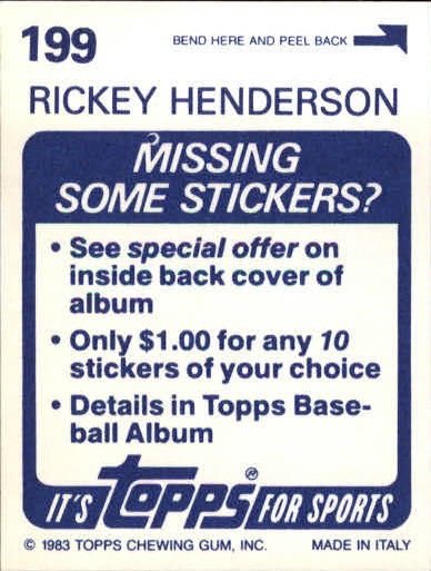 1983 Topps Stickers #199 Rickey Henderson RB back image