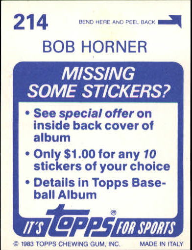1983 Topps Stickers #214 Bob Horner back image