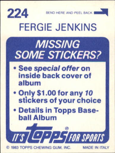 1983 Topps Stickers #224 Fergie Jenkins back image