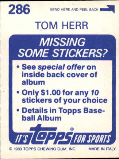 1983 Topps Stickers #286 Tom Herr back image