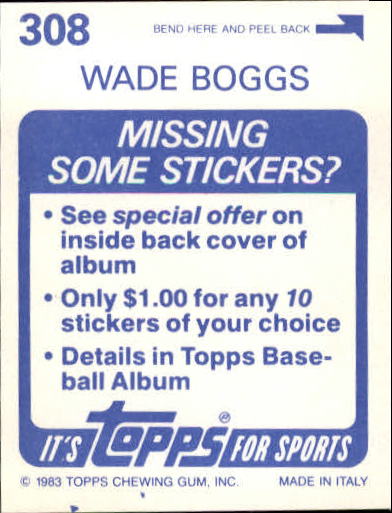 1983 Topps Stickers #308 Wade Boggs back image