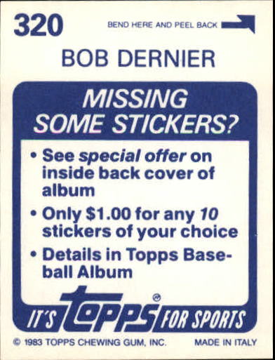 1983 Topps Stickers #320 Bob Dernier back image