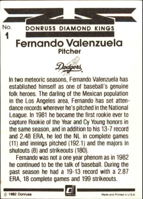 1983 Donruss #1 Fernando Valenzuela DK back image