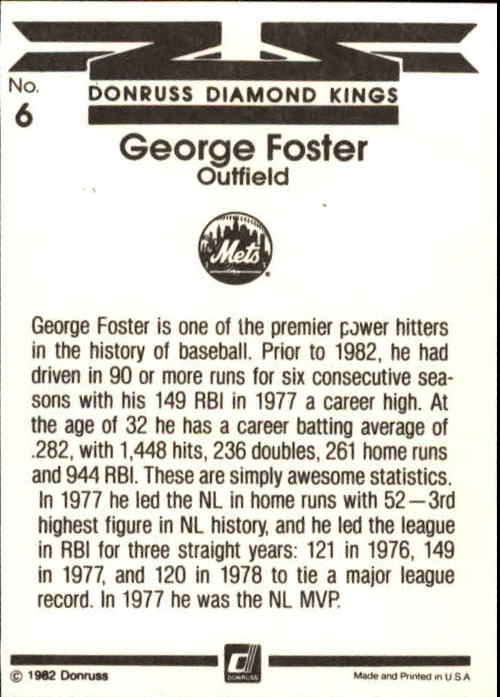 1983 Donruss #6 George Foster DK back image