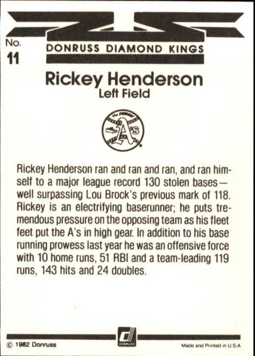 1983 Donruss #11 Rickey Henderson DK back image