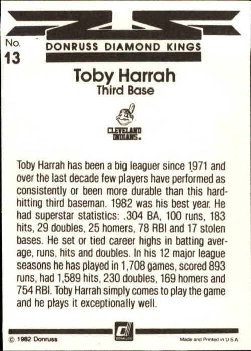 1983 Donruss #13 Toby Harrah DK back image