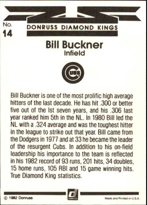 1983 Donruss #14 Bill Buckner DK back image