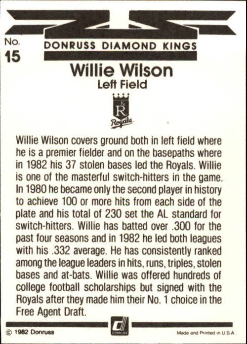 1983 Donruss #15 Willie Wilson DK back image