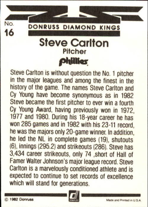 1983 Donruss #16 Steve Carlton DK back image