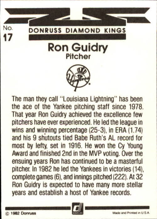 1983 Donruss #17 Ron Guidry DK back image