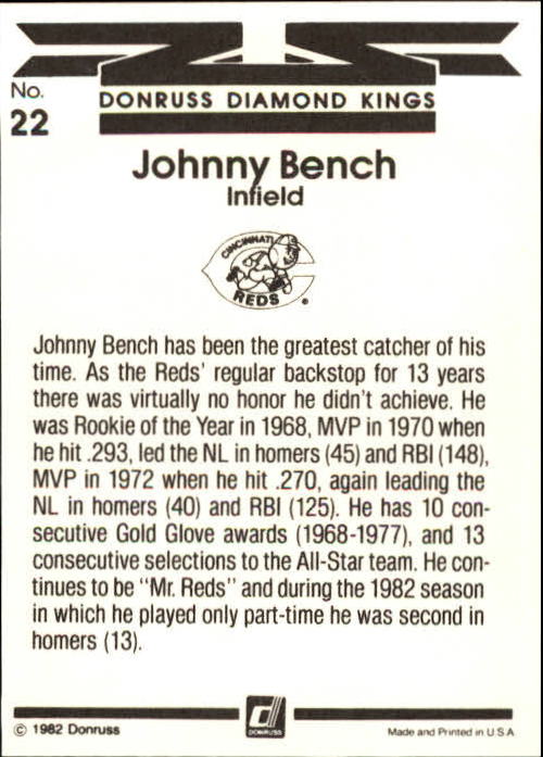 1983 Donruss #22 Johnny Bench DK back image