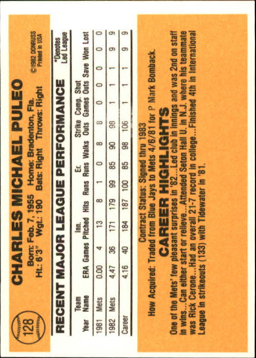 1983 Donruss #128 Charlie Puleo back image