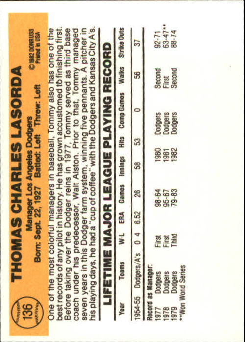 1983 Donruss #136 Tom Lasorda MG back image