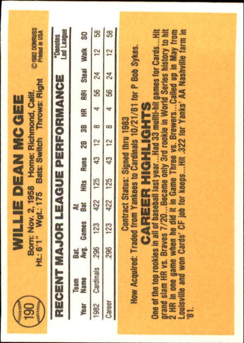 1983 Donruss #190 Willie McGee RC back image