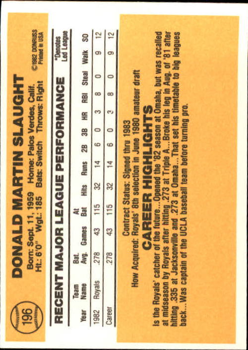 1983 Donruss #196 Don Slaught RC back image